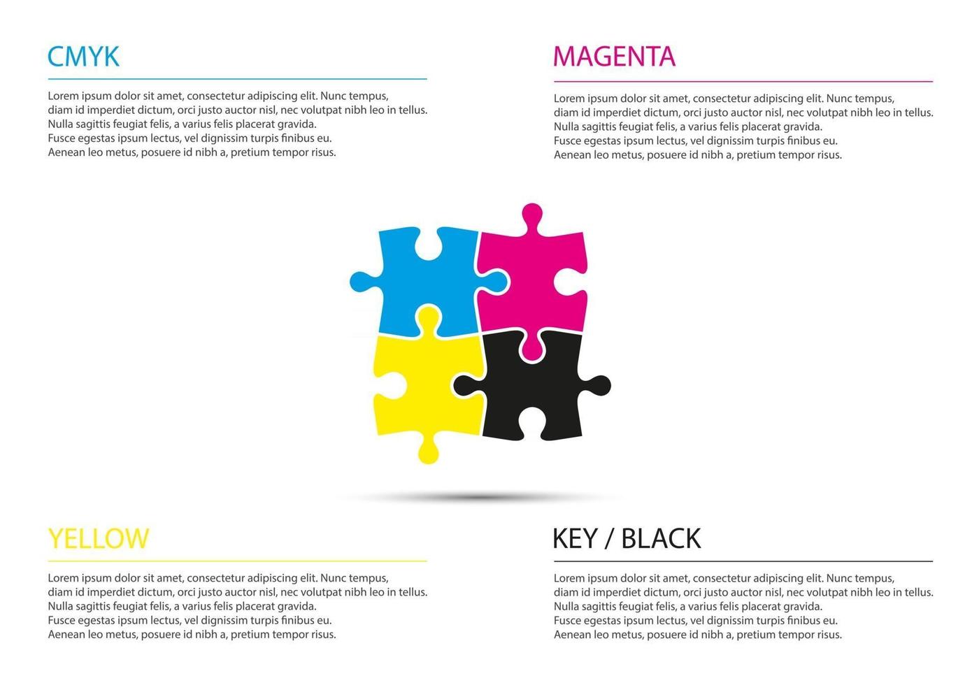 Puzzle-Infografik-Geschäftskonzept mit cmyk-Farben vier Puzzleteile, die miteinander verbunden sind moderne einfache Vektorillustration vektor