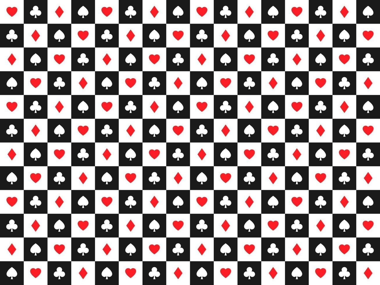 nahtloser abstrakter Vektor-Poker-Hintergrund mit Spielkarten unterschreibt rote und weiße Symbole auf weißen und schwarzen Quadraten Casino-Symbole vektor