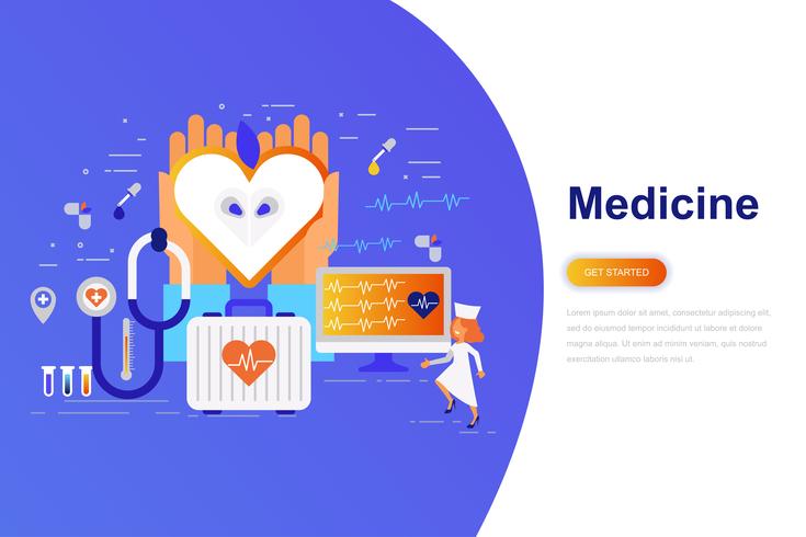 Medicin och sjukvård modern platt koncept webb banner med dekorerade små människor karaktär. Målsida mall. vektor