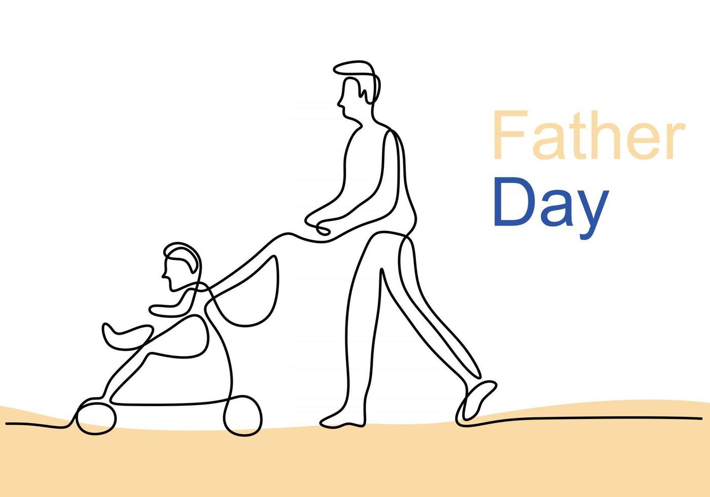 Kontinuierliche einzeilige Zeichnung des jungen glücklichen Vaters, der den Babywagen isoliert auf weißem Hintergrund schiebt vektor