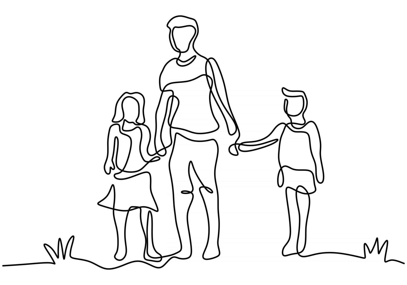 durchgehende einzeilige Zeichnung von Vater und seinen beiden Kindern von Sohn und Tochter vektor