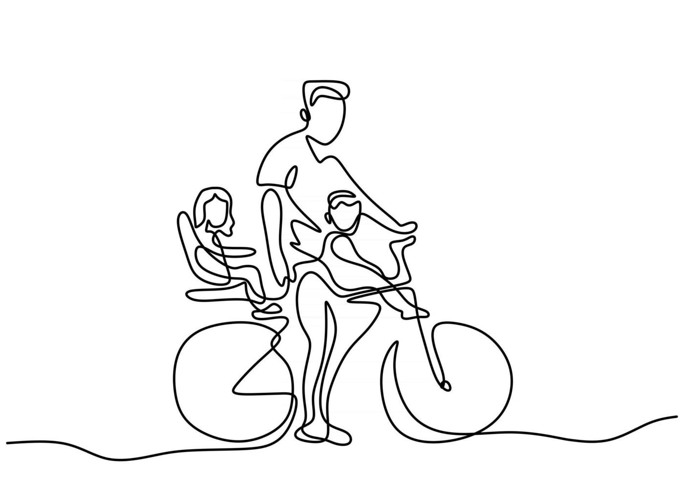 Vater mit seinem kleinen Sohn und seiner Tochter, die zusammen Fahrrad fahren, durchgehend eine Linie handgezeichneter Kunst minimalistischer Stil vektor