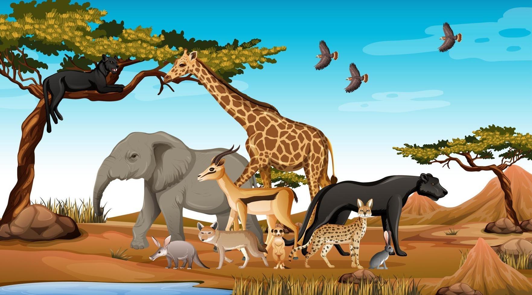 grupp av vilda afrikanska djur i skogen scen vektor