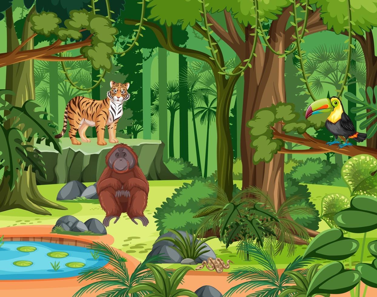 tropisk regnskog scen med olika vilda djur vektor