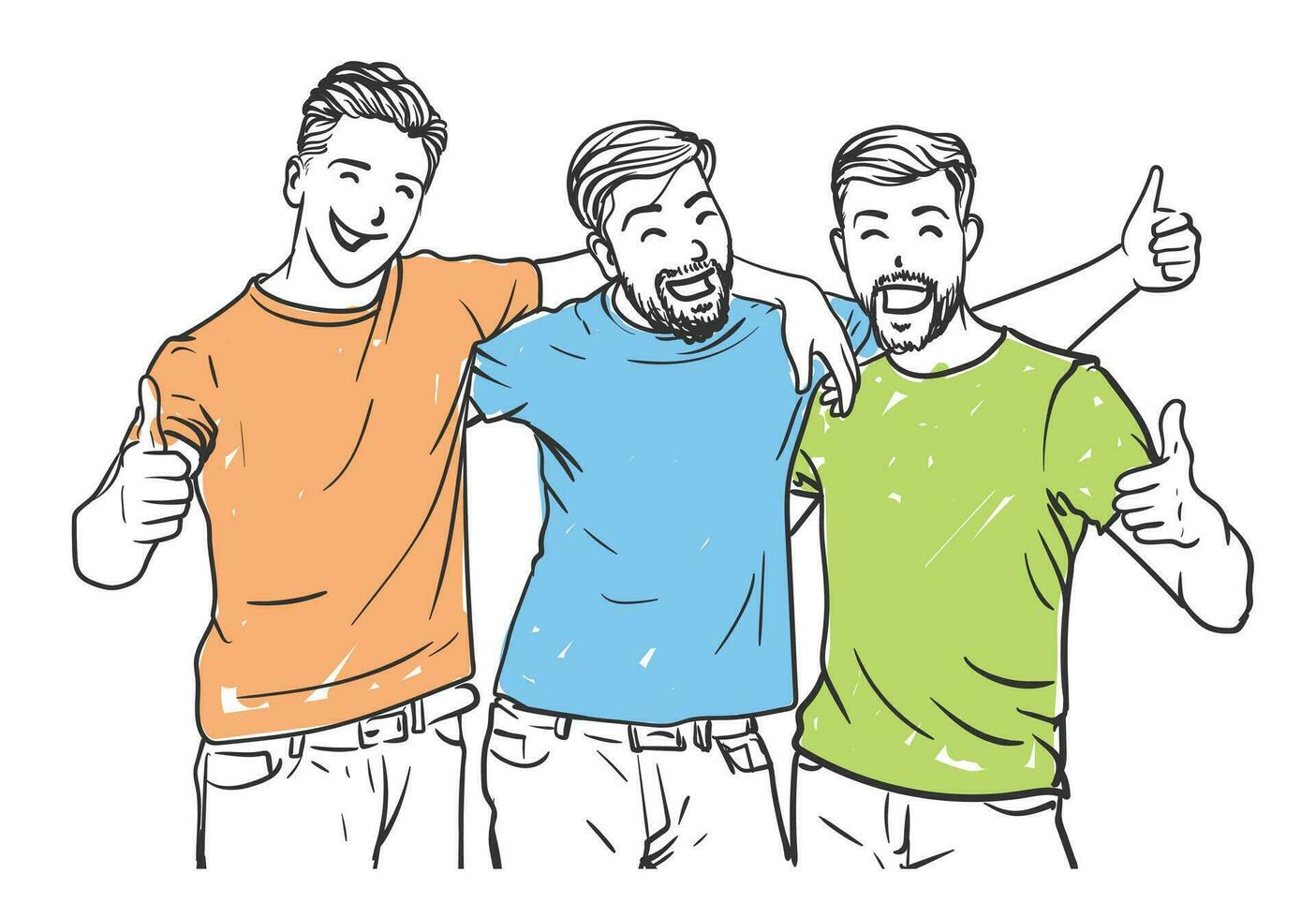 tre manlig bäst vänner är skrattande njuter tillsammans fri hand vektor teckning