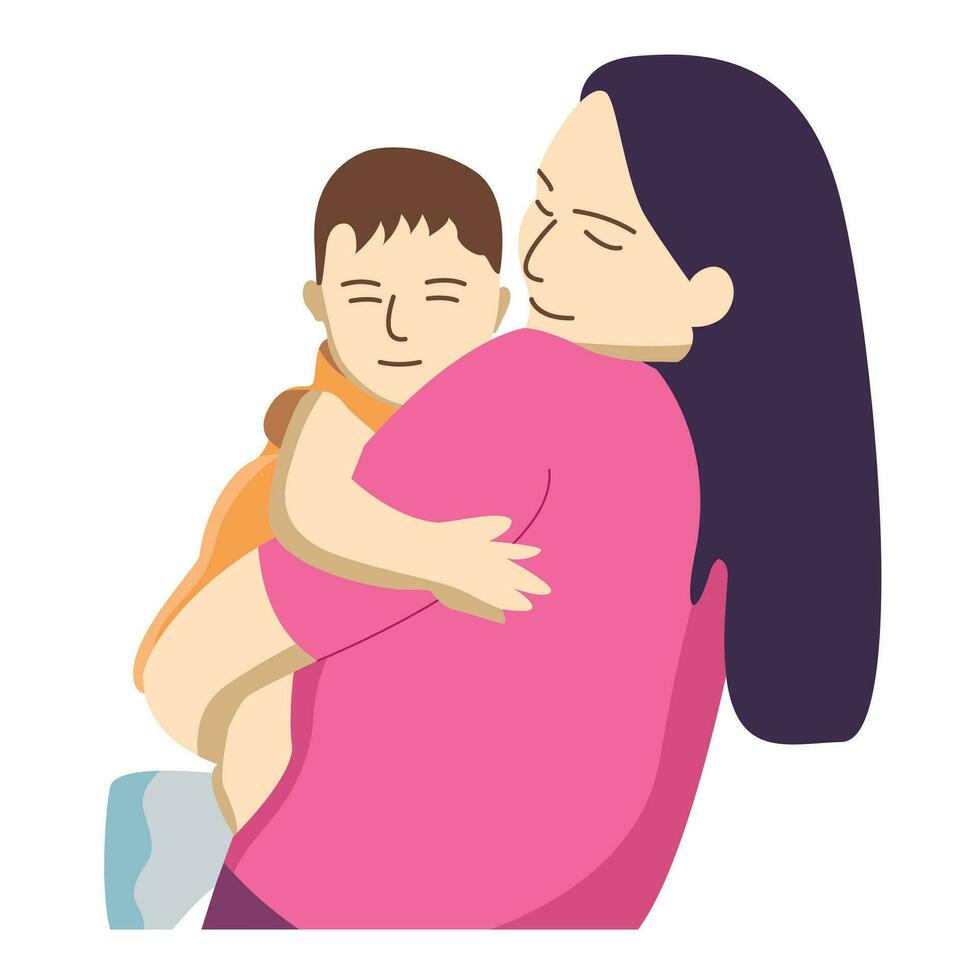 Mutter halten ihr Kind sanft und umarmen ihr Sohn eben Vektor Zeichnung zum Kinder Buch, Gruß Karte Illustration