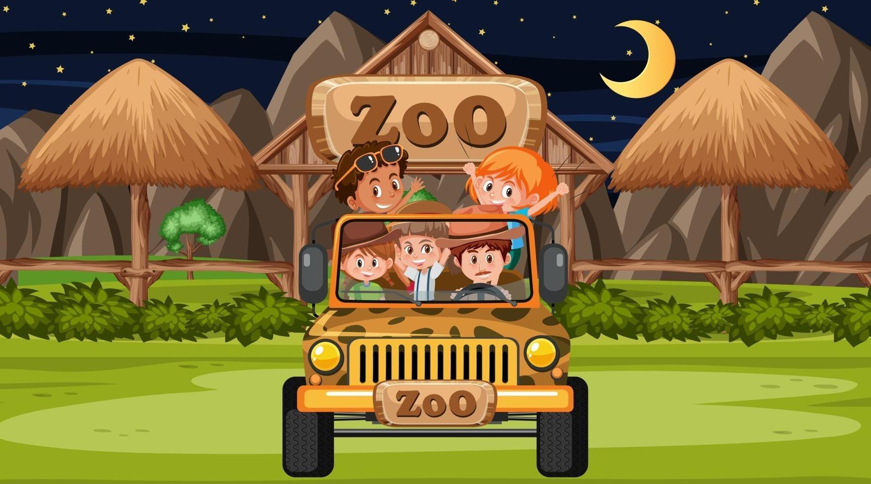 Zoo in der Nachtszene mit vielen Kindern in einem Jeep-Auto vektor