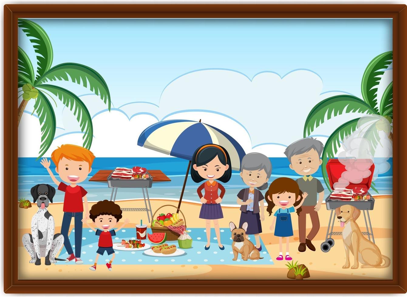en bild av lycklig familjens picknick på stranden i en ram vektor