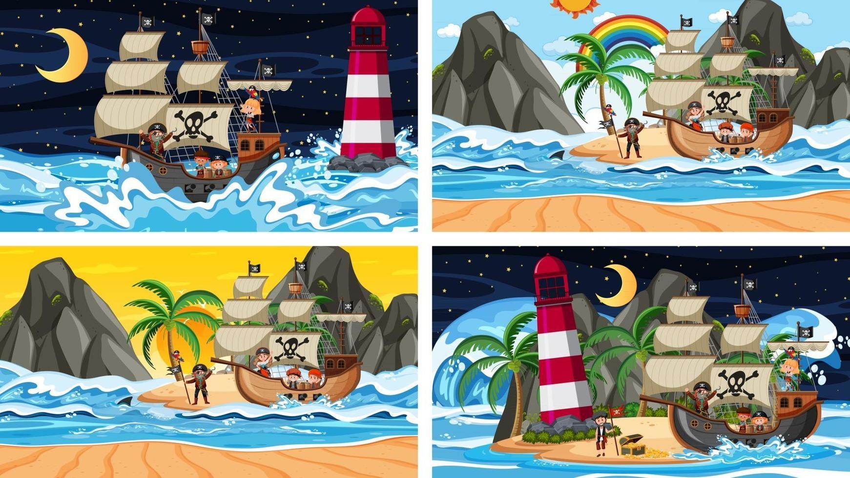 uppsättning av olika strandscener med piratskepp och pirattecknad karaktär vektor