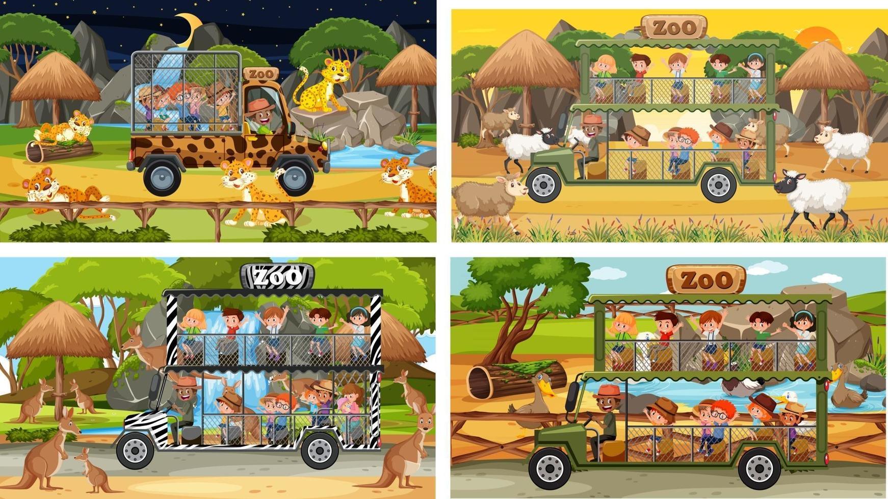 uppsättning olika safari scener med djur och barn seriefigur vektor