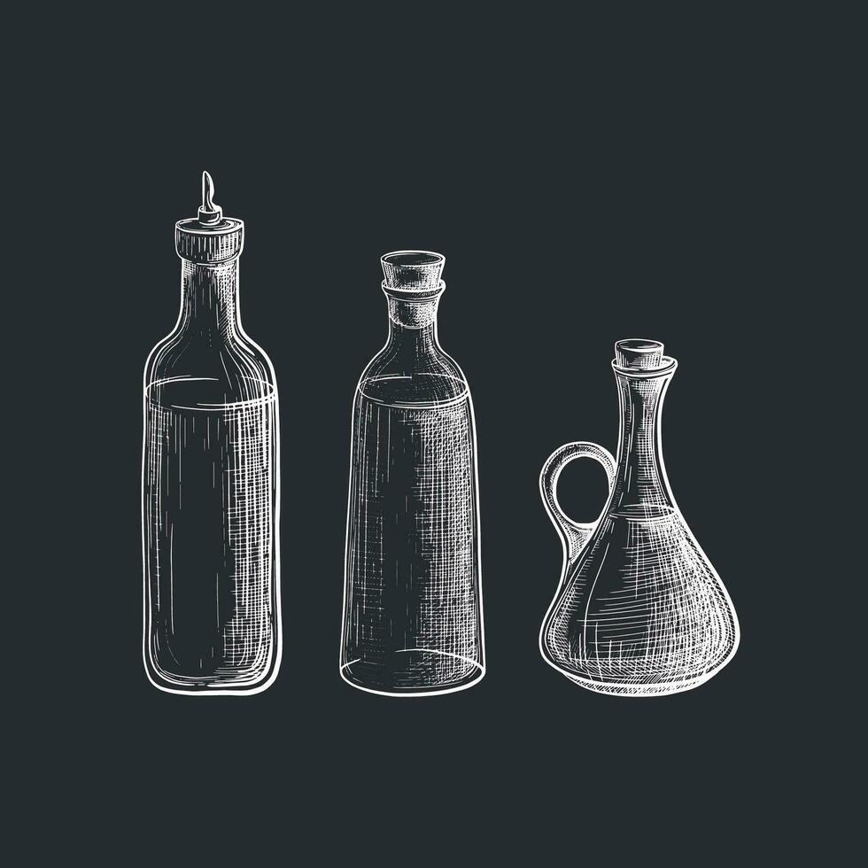 Glas Flasche. Vektor Hand gezeichnet Satz. bio Olive Öl