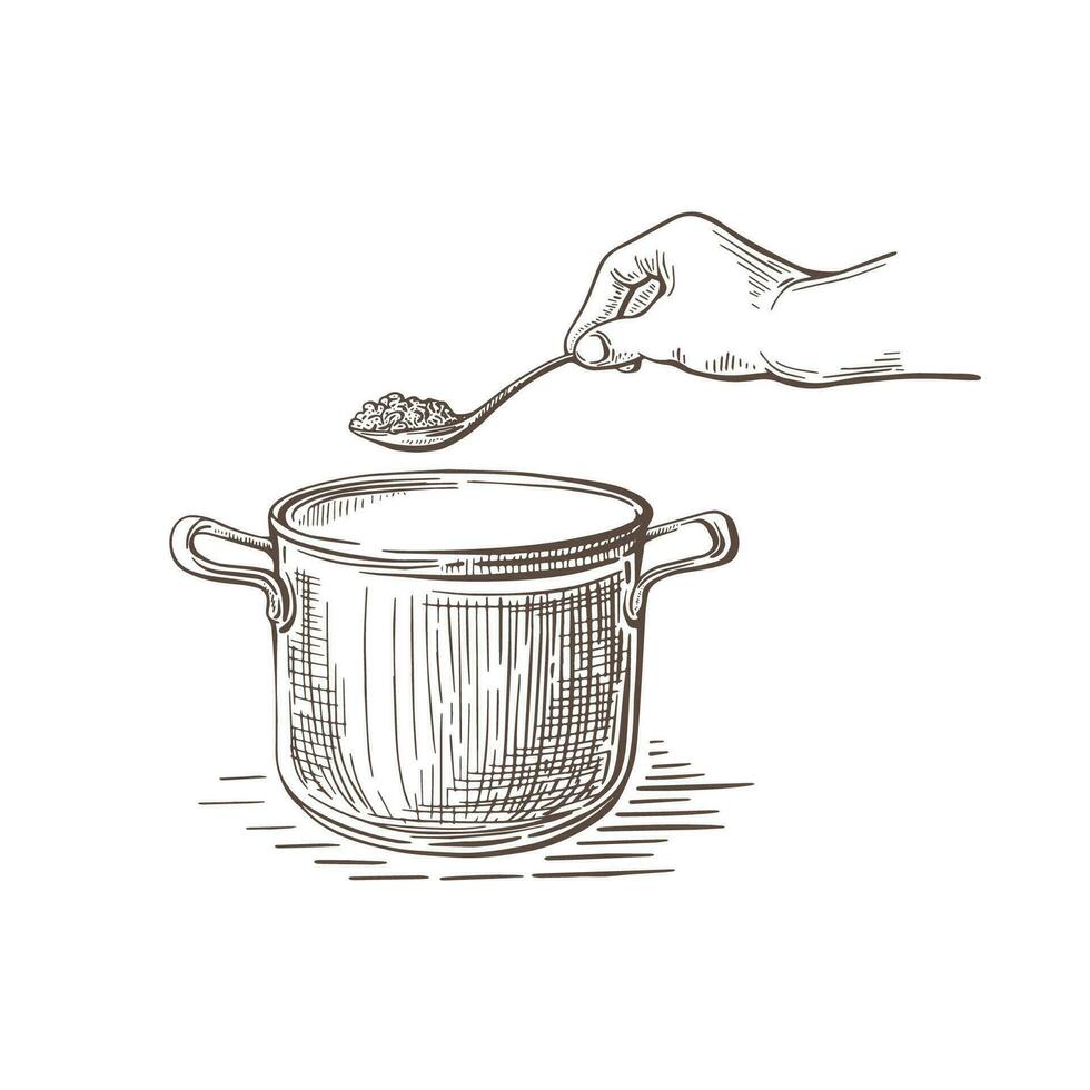 Kochen auf Küche. Suppe oder Haferbrei. Hand gezeichnet vektor