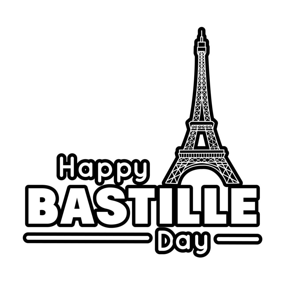 Bastille-Tag-Schriftzug mit Eiffelturm-Linienstil vektor