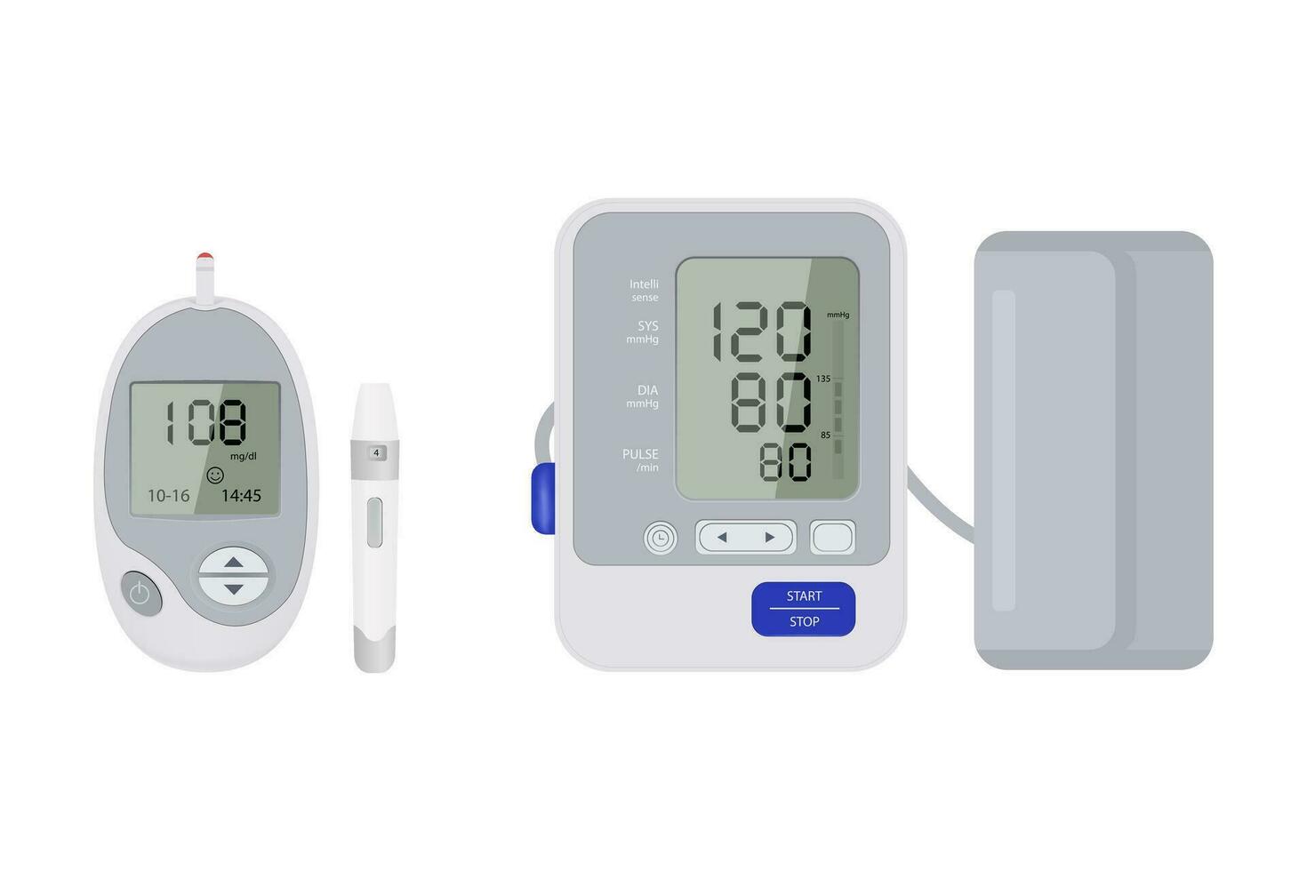 Vektor Illustration von ein Glukometer, ein Tonometer zum Analysieren Blut Zucker, und Messung Druck. medizinisch Ausrüstung