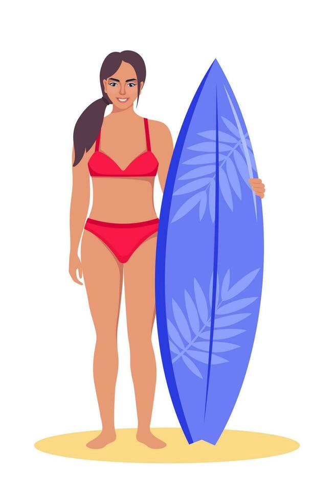 jung Frau Surfer mit Surfbrett Stehen auf das Strand. lächelnd Surfer Mädchen. Vektor Illustration.