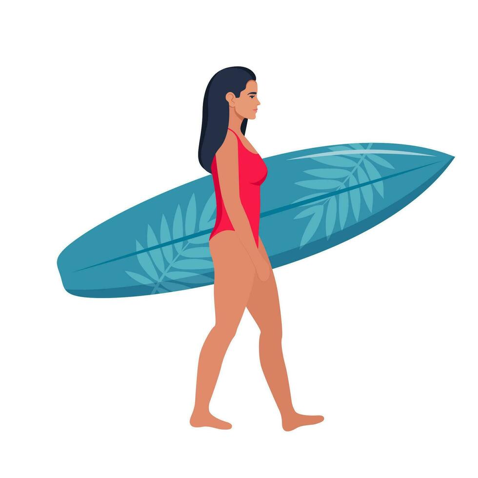 jung Brünette Spaziergänge mit ein Surfbrett gegenüber das Meer. Vektor Illustration.
