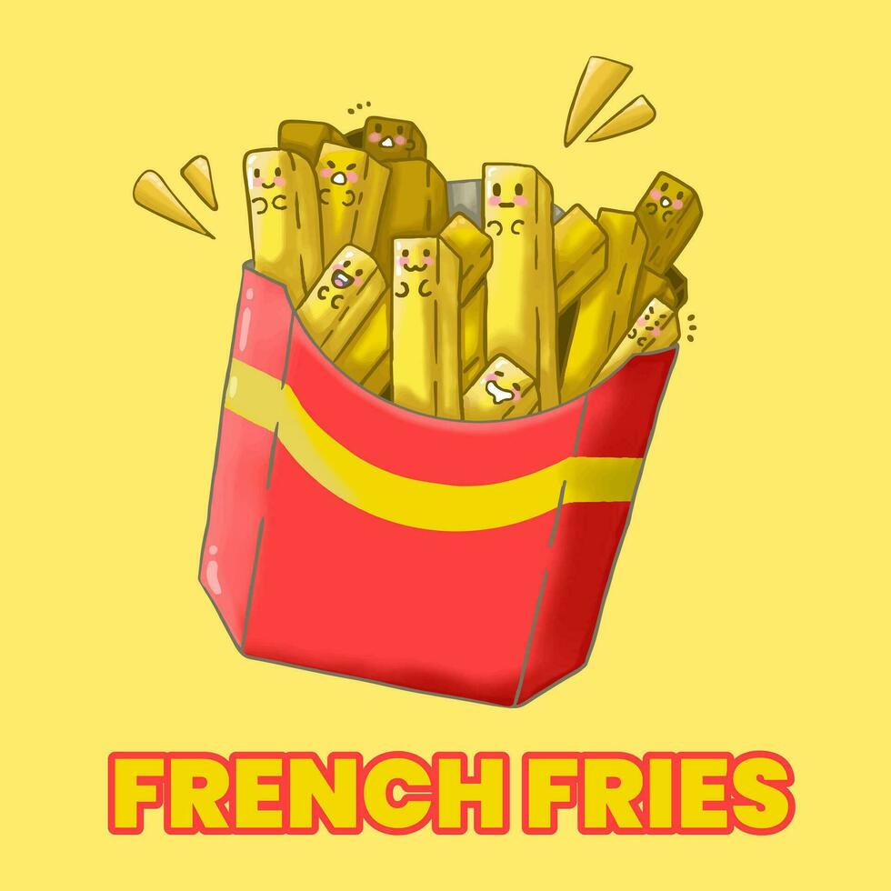 pommes frites söt klistermärke illustration handritning vektor