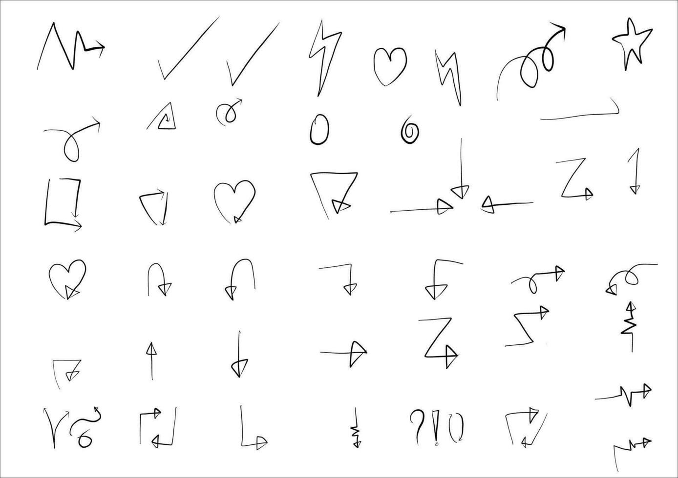 uppsättning av vektor hand drawning pilar.riktningar tecken eller symboler, pil, fyrverkeri, båge, svans, hjärta, set, linje ,kärlek,tal bubbla, pekare, vektor hand drawning pilar och riktning begrepp.