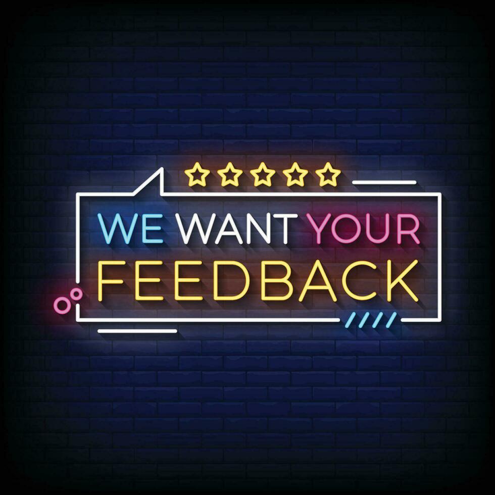 neonskylt vi vill ha din feedback med tegelväggbakgrundsvektor vektor