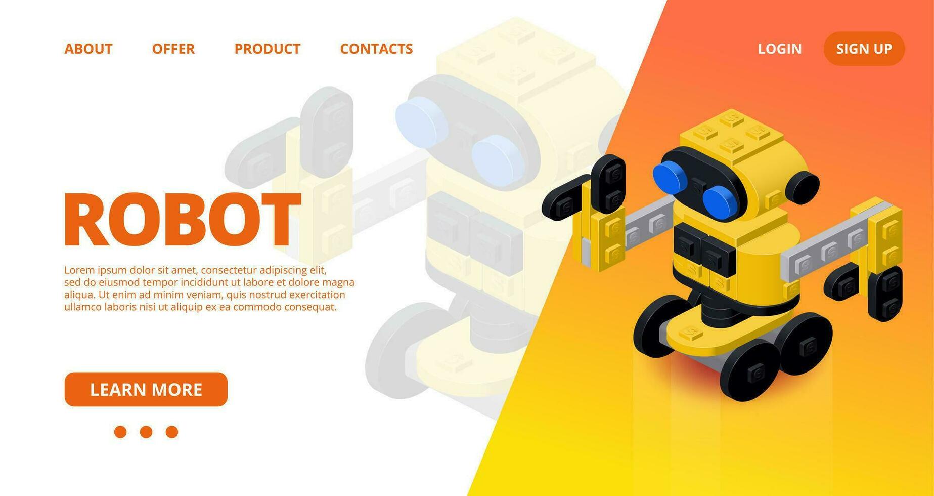 Netz Vorlage mit ein Gelb Roboter gebaut von Plastik Blöcke im isometrisch Stil zum Drucken und Design. Vektor Illustration.