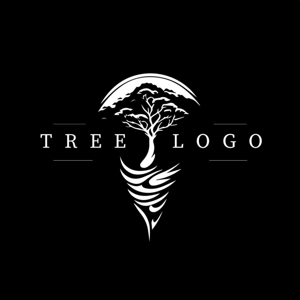 minimalistisch Logo Vorlage, Weiß Symbol von Baum mit Wurzeln Silhouette auf schwarz Hintergrund, modern Logo Konzept zum Geschäft Identität, T-Shirts drucken, Tätowierung. Vektor Illustration