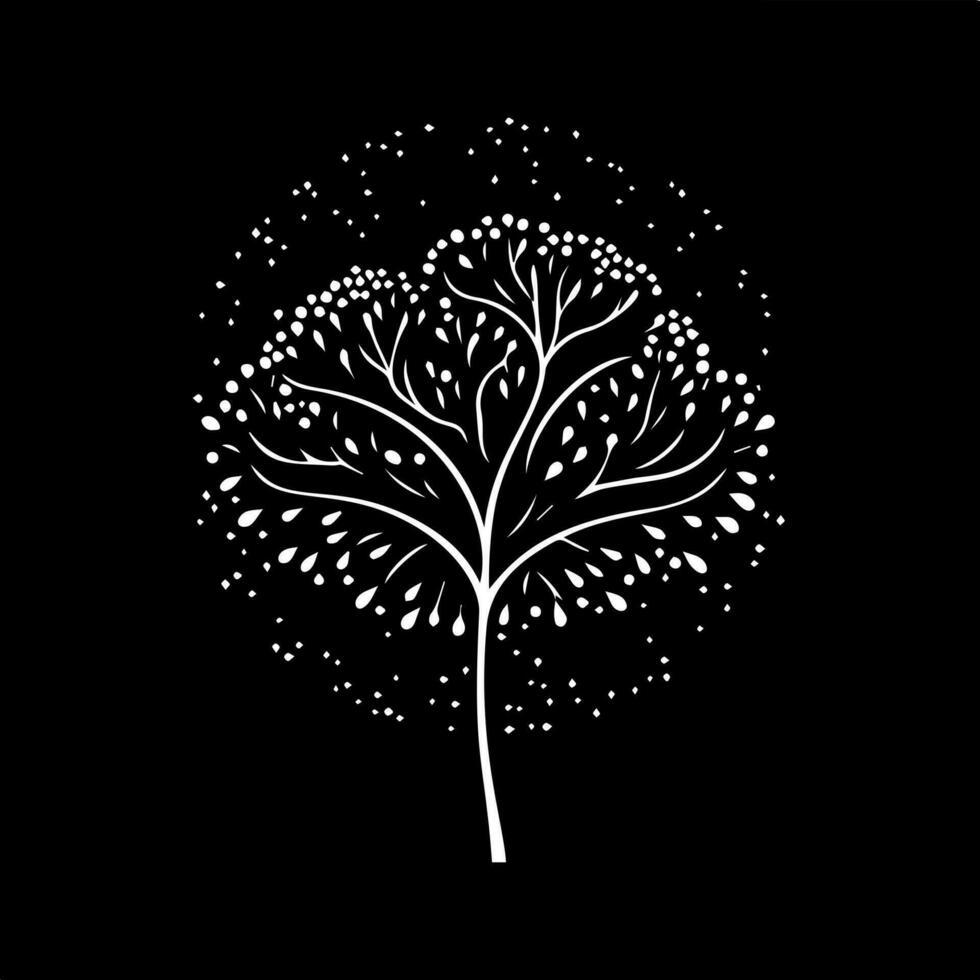 vit ikon av träd silhuett på svart bakgrund, klok symbol, utbildning tecken, boho logotyp begrepp, t-tröjor skriva ut, tatuering mall. vektor illustration