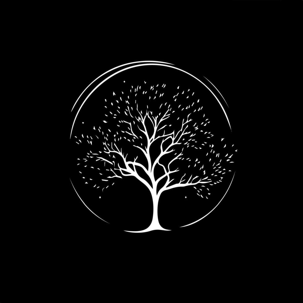 Weiß Symbol von Baum Silhouette auf schwarz Hintergrund, weise Symbol, Bildung Zeichen, Boho Logo Konzept, T-Shirts drucken, tätowieren Vorlage. Vektor Illustration