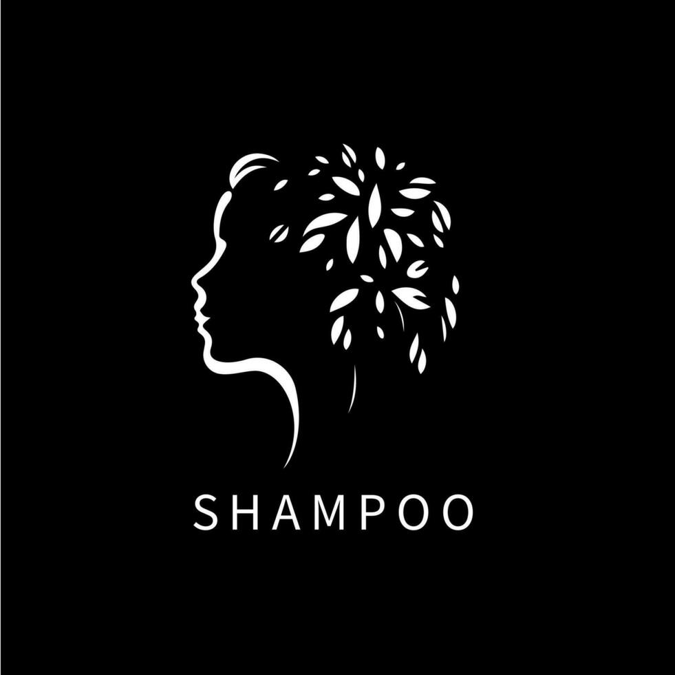 schwarz und Weiß Silhouette von ein jung Mädchen Kopf, Frau Profil Symbol mit Blätter, modern Logo zum Kosmetika Marke, Haar Pflege Produkt, Schönheit Saloon. Vektor Illustration