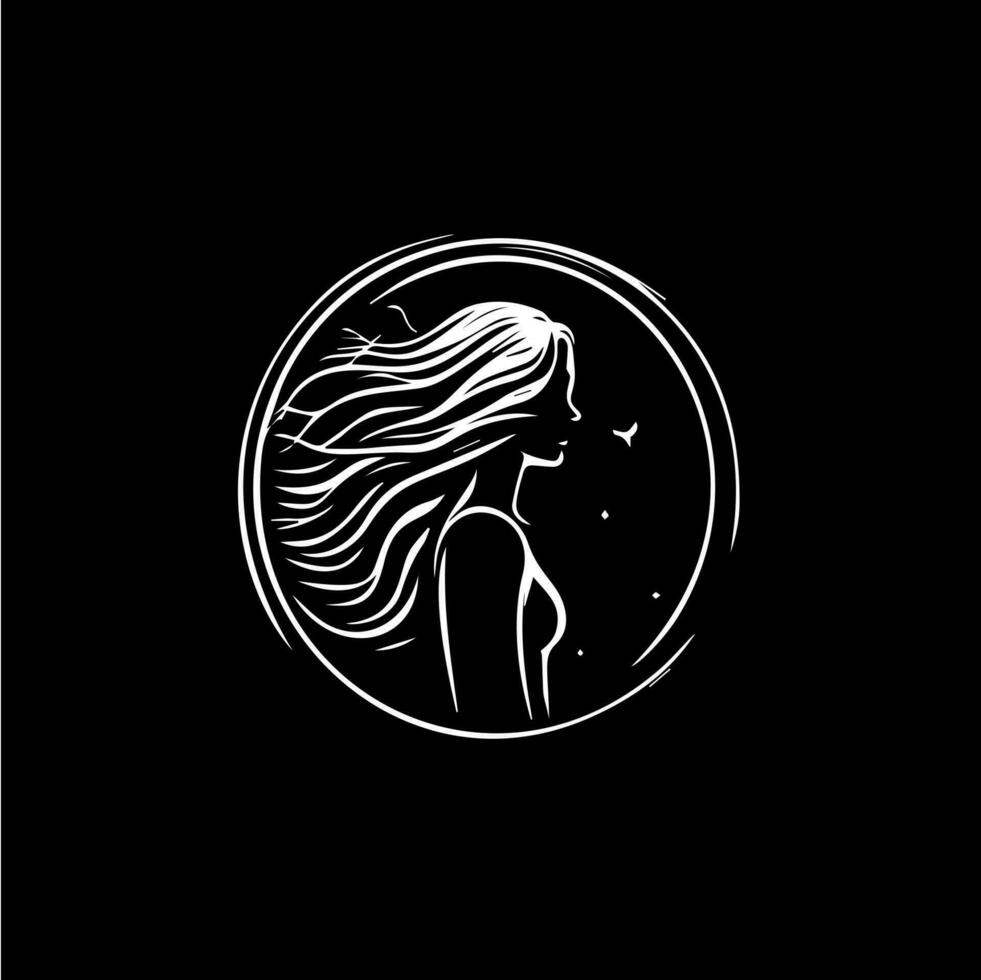 svart och vit silhuett av en ung flicka huvud med frisyr, kvinna profil ikon med gren löv, modern logotyp för de kosmetika varumärke, hår vård produkt, skönhet salong. vektor illustration