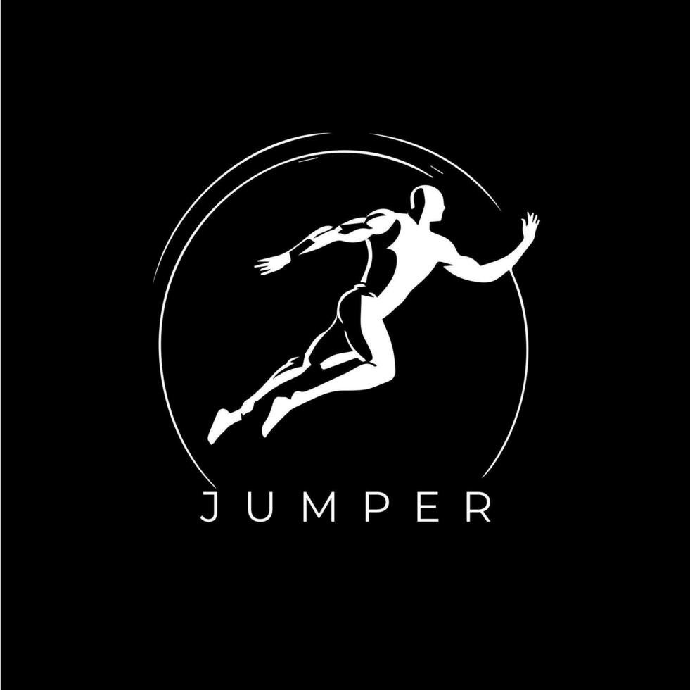 Weiß Symbol von Jumper Silhouette auf schwarz Hintergrund, Sport Logo Vorlage, Joggen oder Springen modern Logo Konzept, T-Shirts drucken, Tätowierung, Infografik. Vektor Illustration