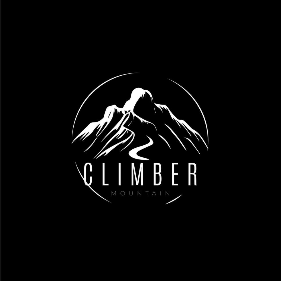Berg Silhouette Logo Vorlage, steigen Symbol, extrem Sport Herausforderung, Wanderer Etikett, Risiko Felsen Expedition Symbol. Vektor Illustration.