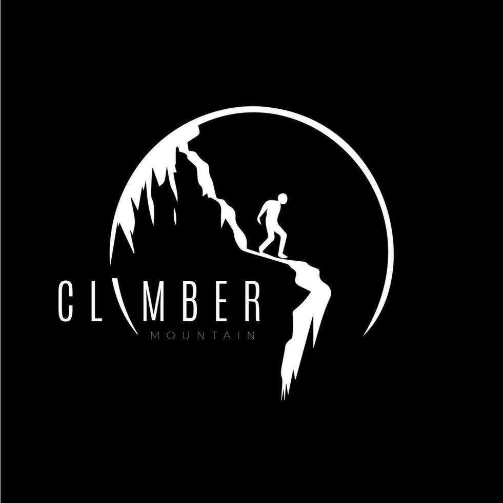 klättrare figur på berg silhuett logotyp mall, klättra ikon, extrem sport utmaning, vandrare märka, risk sten expedition symbol. vektor illustration.