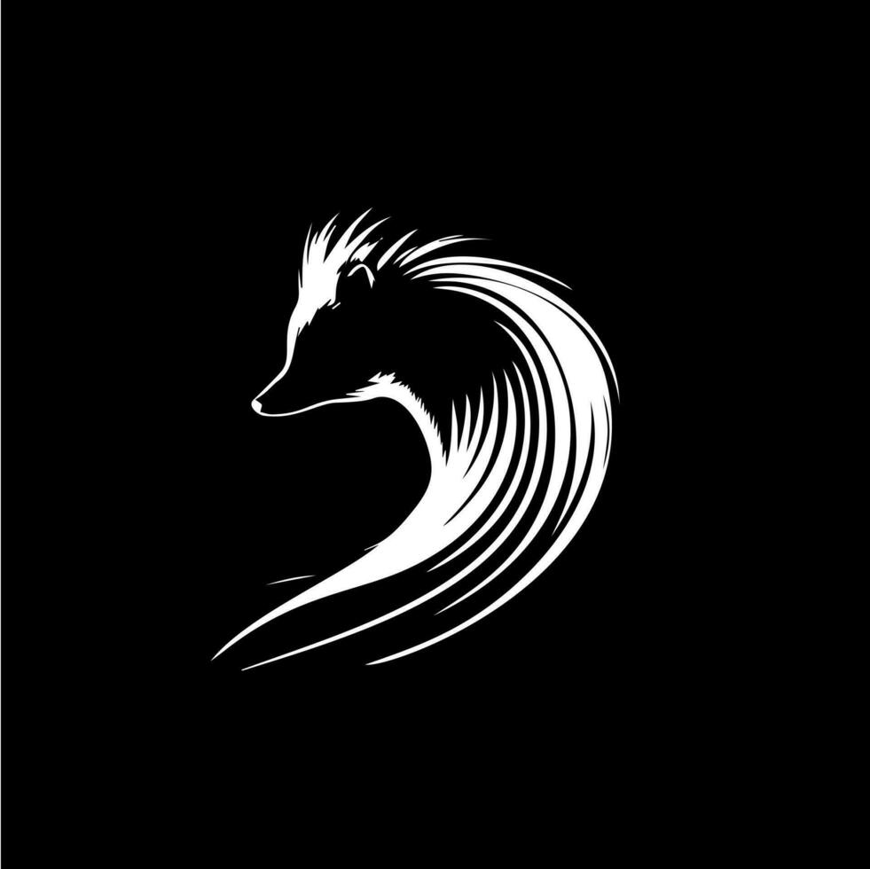 Skunk Kopf und Schwanz Symbol, wild Tier Logo Vorlage. Hand Zeichnung Emblem auf schwarz Hintergrund zum Körper Kunst und Tätowierung, minimalistisch skizzieren Kunst. Vektor Illustration