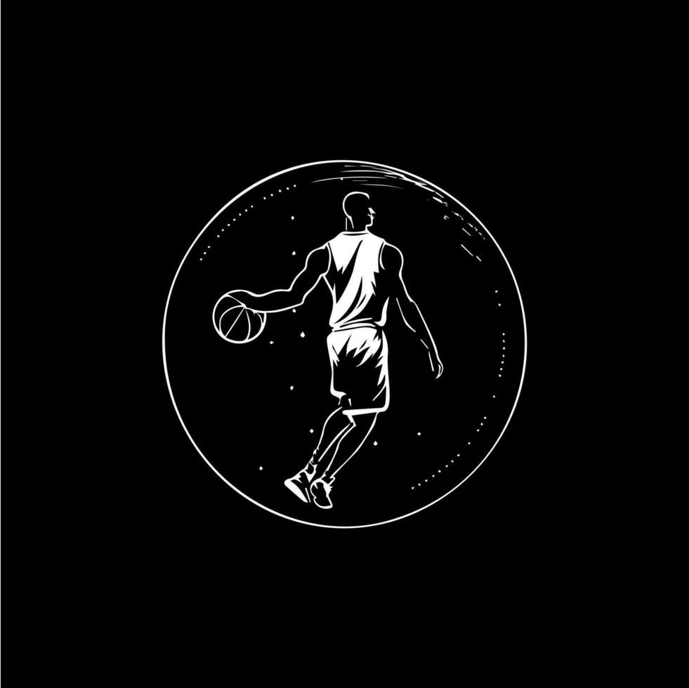 Basketball Spieler Weiß Emblem, Dribbling mit Ball, Aktion Spieler Symbol, Logo Vorlage, Hand Zeichnung tätowieren skizzieren Silhouette auf schwarz Hintergrund. Vektor Illustration.