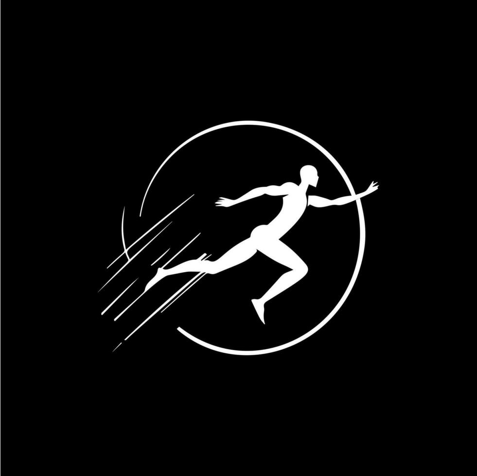 vit ikon av löpare silhuett på svart bakgrund, sport logotyp mall, joggning eller Hoppar modern logotyp begrepp, t-tröjor skriva ut, tatuering, infografik. vektor illustration