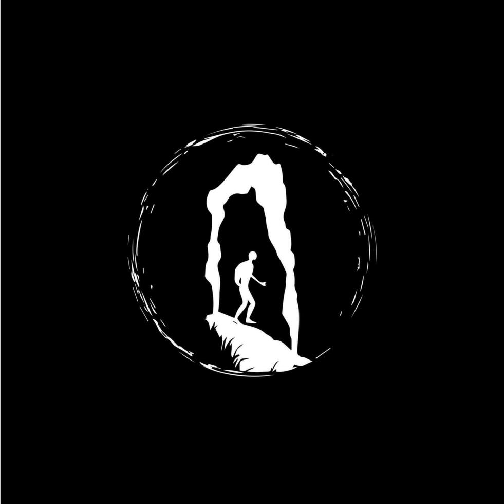 Höhlenforscher Zahl im Höhle Silhouette Logo Vorlage, Höhlenmensch Symbol, extrem Sport Herausforderung, Höhlenforscher Etikett, Risiko Felsen Expedition Symbol. Vektor Illustration.