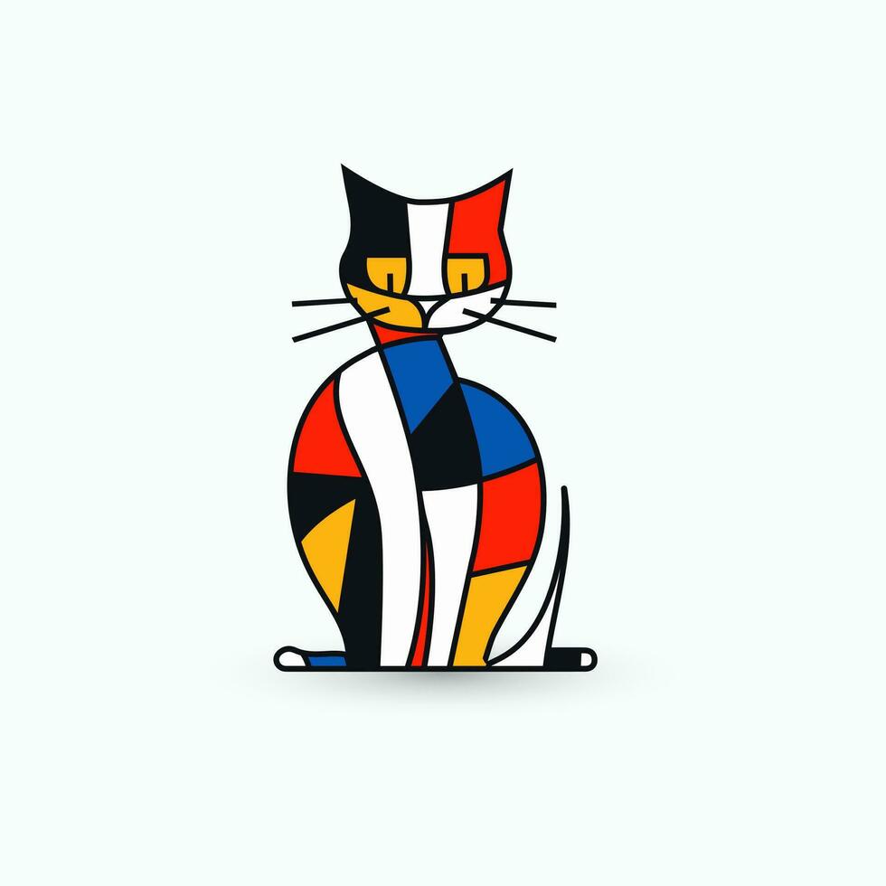 beschwingt abstrakt Katze Logo einstellen im de stijl Stil. modern, eben Design Konzept mit geometrisch Netz, primär Farben. Marke, Kunst, korporativ Identität. einfach, bunt, und auffällig. Vektor Logo