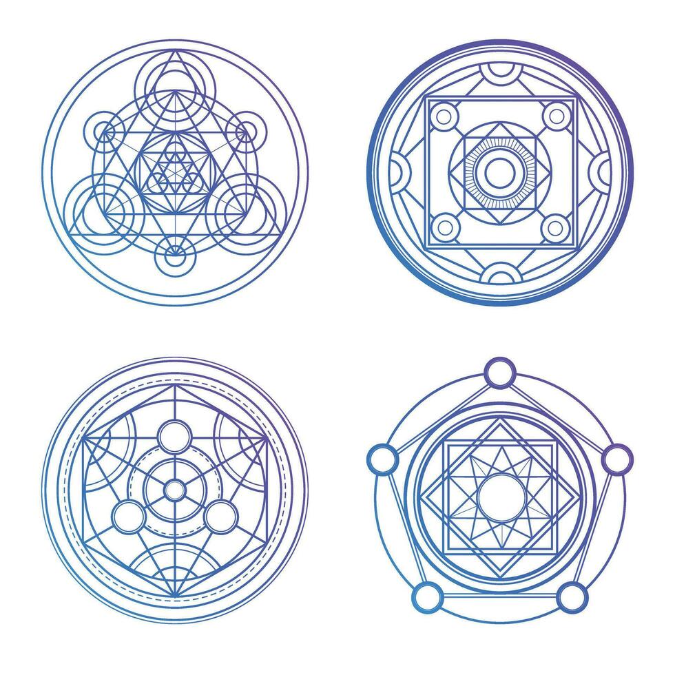 einstellen von 4 lila Alchimie Kreise. Magie geometrisch Kreise vektor