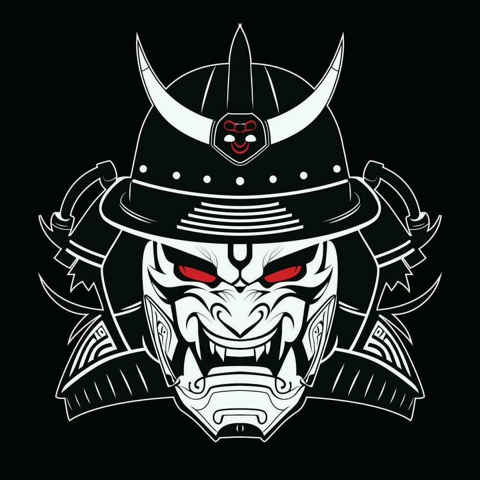 på i mask tatuering t-shirt. svart maskerad samuraj. traditionell japansk krigare. årgång isolerat vektor illustration. militär design och konst element begrepp