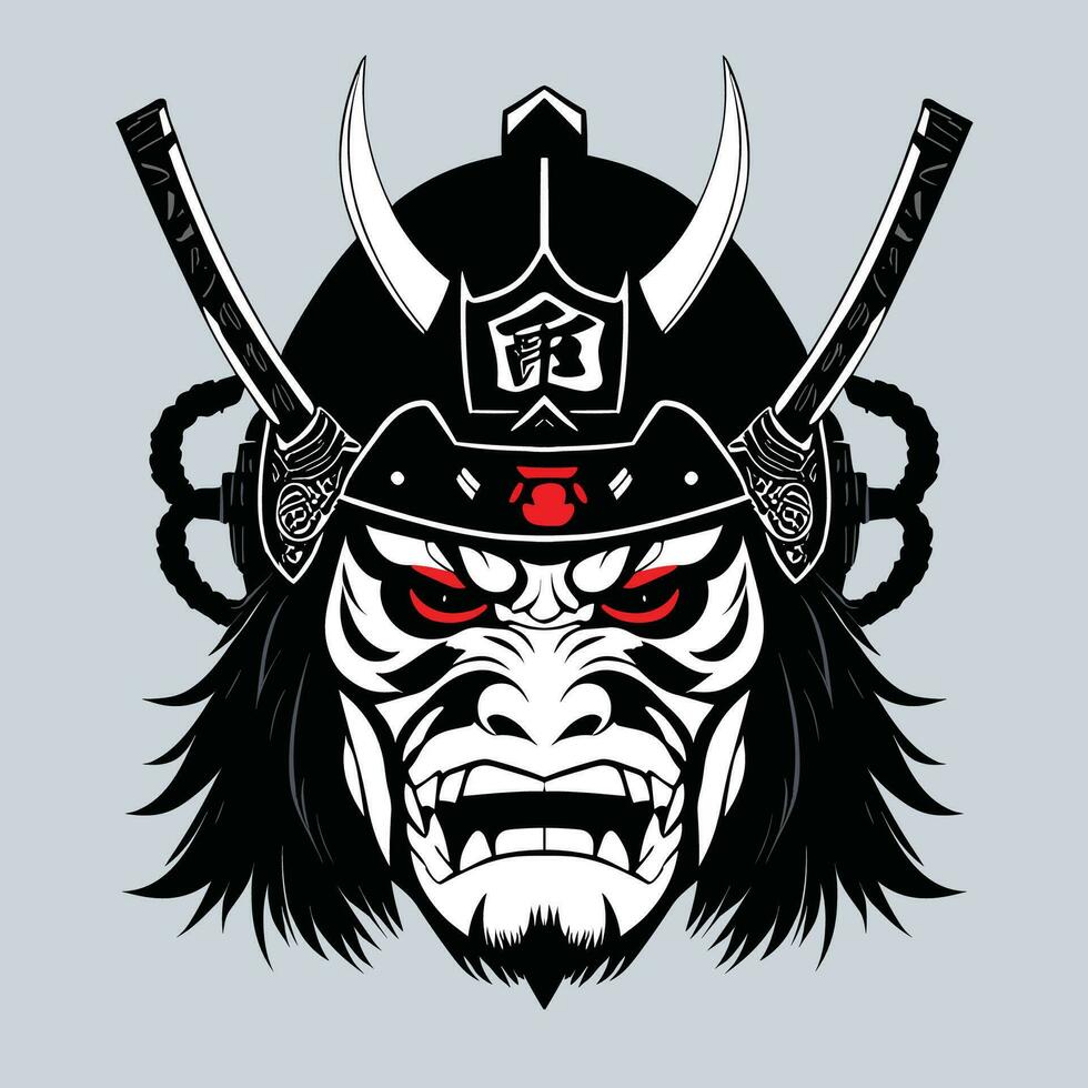 oni Maske Tätowierung. schwarz maskiert Samurai. traditionell japanisch Krieger. japanisch Dämon oni Maske Design vektor