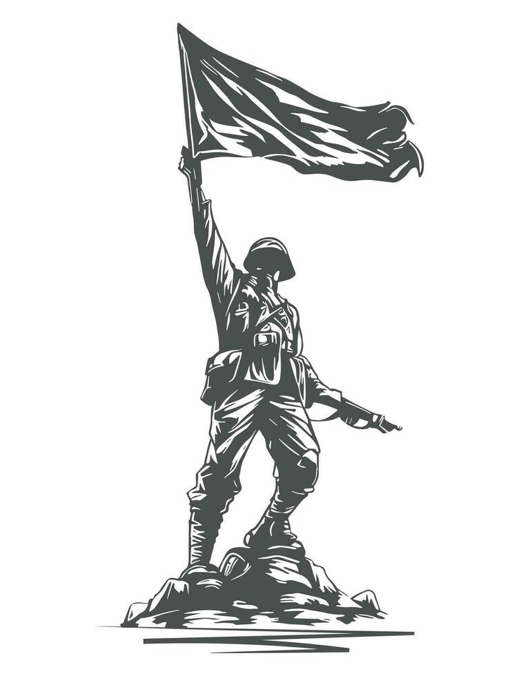 Unabhängigkeit Tag Juli Oktober Silhouette zum ein Soldat skizzieren erziehen Flagge Symbol von Sieg und Feier vektor