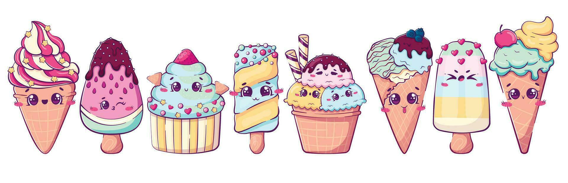 Clip Art Sammlung von kawaii Karikatur Gekritzel Eis Creme. Pastell- Farben. Vektor Illustration von süß Essen