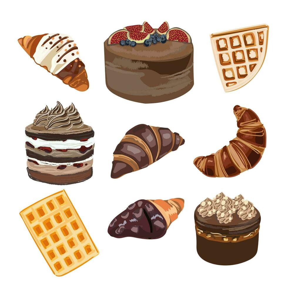 ein einstellen von Kuchen, Croissants, und Waffeln. Design Elemente zum das d cor Speisekarte, Süßwaren, Webseite, usw. Vektor Illustration, Karikatur Stil.