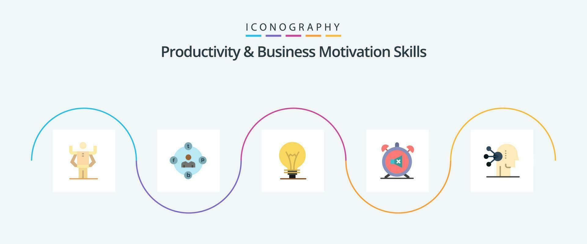 Produktivität und Geschäft Motivation Kompetenzen eben 5 Symbol Pack einschließlich Klang. stumm. Prokrastination. Uhr. die Glühbirne vektor