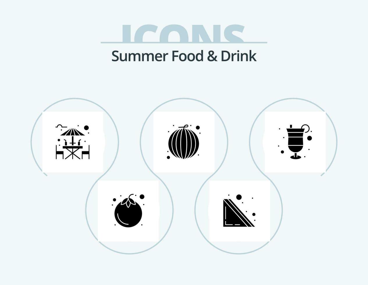 sommar mat och dryck glyf ikon packa 5 ikon design. dryck. vattenmelon. bar. grönsak. frukt vektor