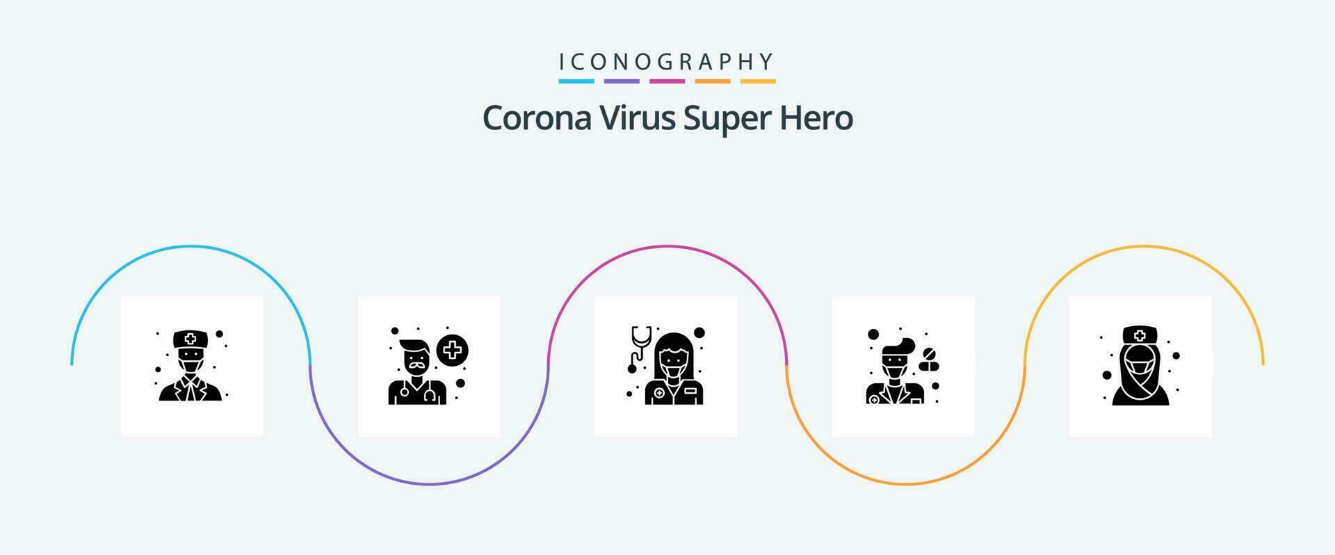 Corona Virus Super Held Glyphe 5 Symbol Pack einschließlich Arzt. Apotheker. Senior. Krankenhaus. Dame Arzt vektor