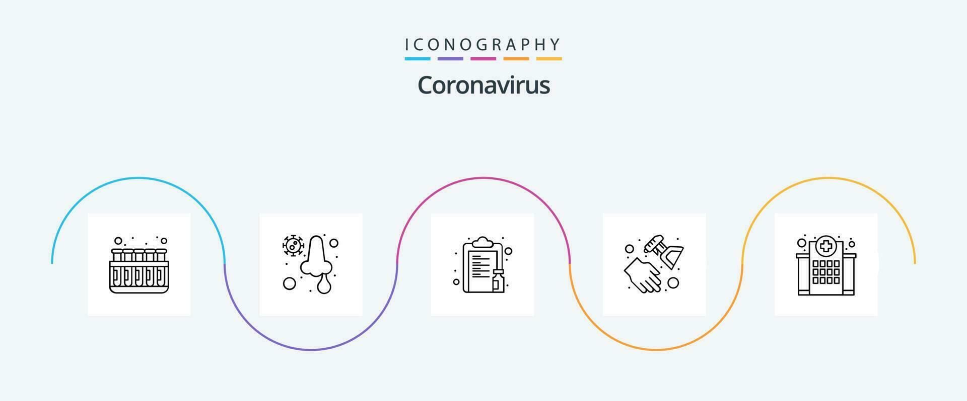 Coronavirus Linie 5 Symbol Pack einschließlich Gebäude. Hand Desinfektionsmittel. Arzneimittel. Hand. Papier vektor