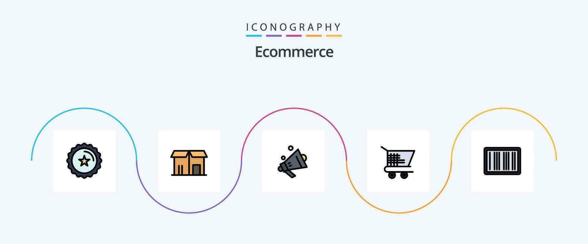 e-handel linje fylld platt 5 ikon packa Inklusive handla. streckkoder. högtalare. streckkod. vagn e-handel vektor