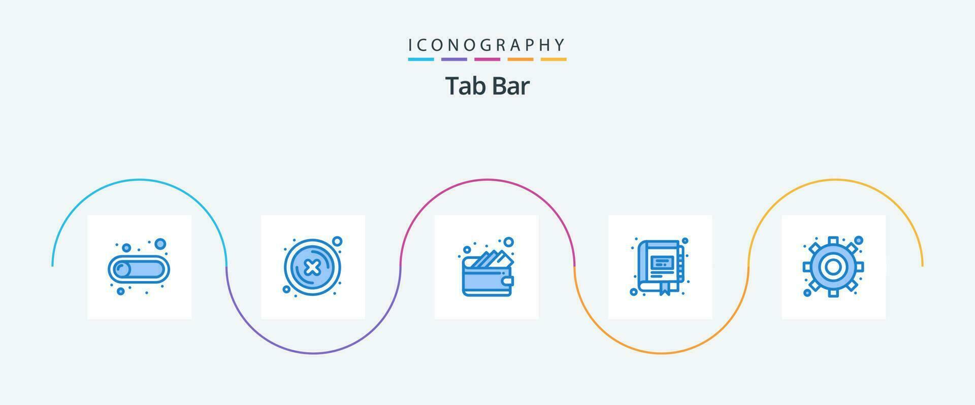 flik bar blå 5 ikon packa Inklusive redskap. anteckningsbok. kontanter. marknadsföring. digital vektor