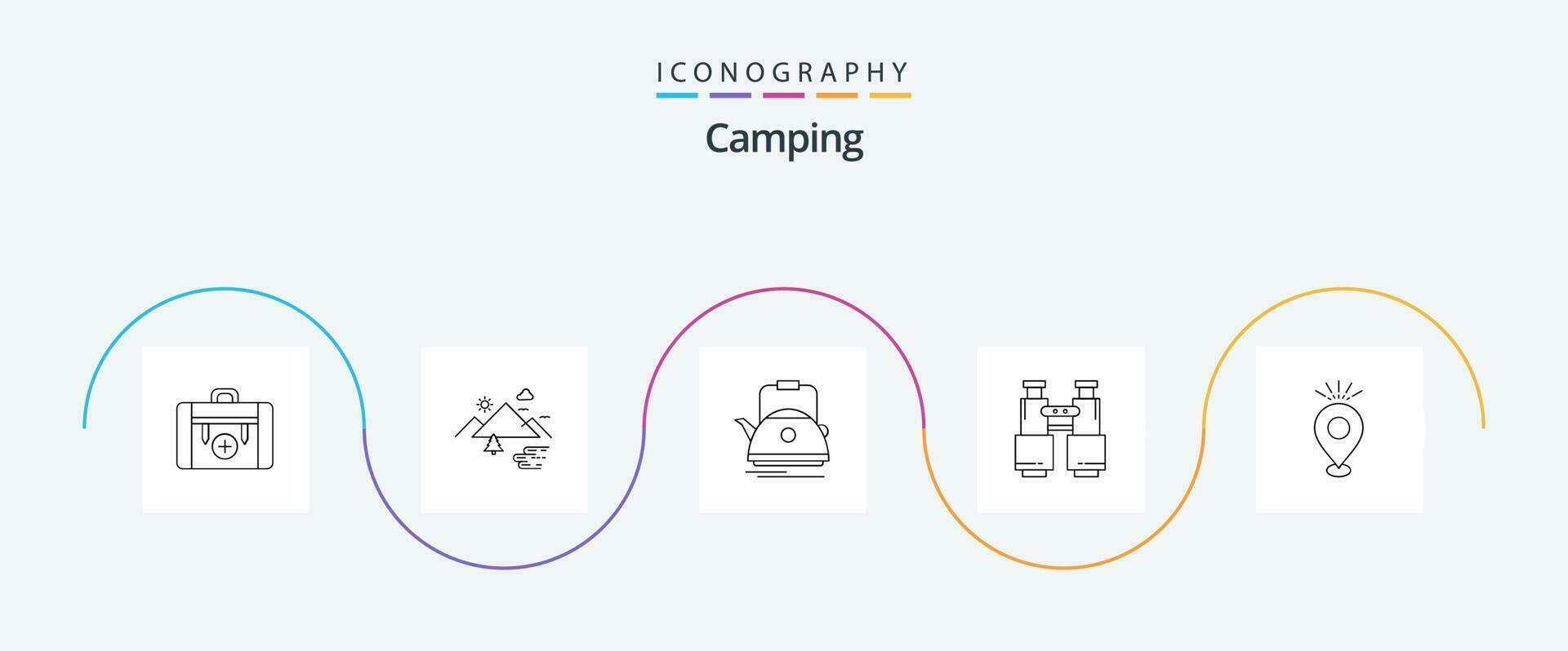 camping linje 5 ikon packa Inklusive Sök. kikare. moln. pott. tekanna vektor